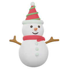 3d cute snowman with Xmas hat. Illustration of the snowman wearing a red muffler and Santa hat.
