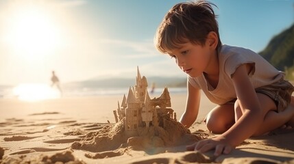 Little Boy playing with sand make a castle on tropical beach. AI generated image - obrazy, fototapety, plakaty
