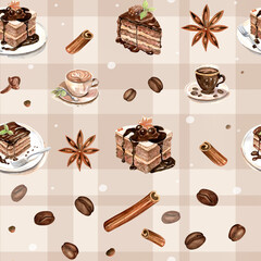 Watercolor hand-drawn seamless pattern with chocolate cakes, cups of coffee, coffee beans, cinnamon and anise.
