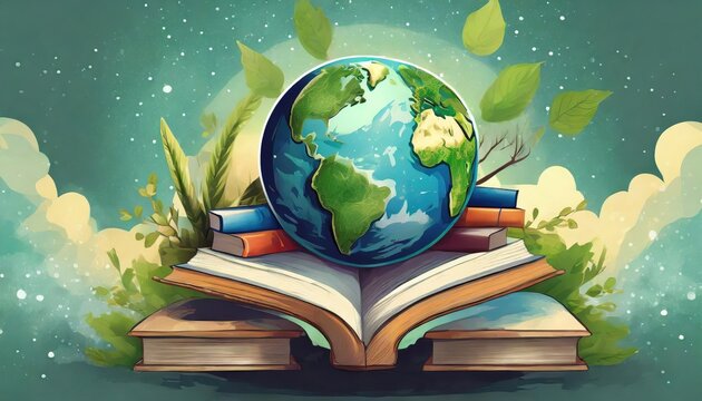 Flat illustration of planet earth and books - World Environmental Education Day concept