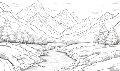 Fototapeta na wymiar A pencil drawing of a river and mountains