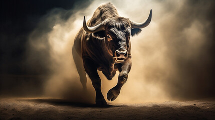 charging bull dust backlit photographic super - obrazy, fototapety, plakaty