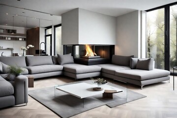 Naklejka na ściany i meble Grey corner sofa by glass fireplace. Minimalist home interior design of modern