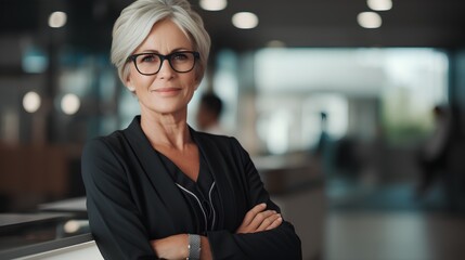 A professional mid aged woman exudes confidence in a corporate business setting, exemplifying a strong female leadership role while challenging ageism in the workplace.