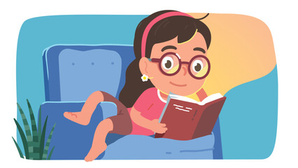 Girl kid enjoying reading book on sofa at home. Focused reader child person lying on couch learning holding textbook. Education, literature knowledge, leisure entertainment flat vector illustration