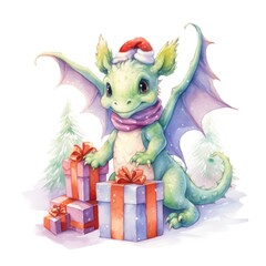 Fototapeta premium Fantasy watercolor christmas dragon with gift boxes. Symbol of the year 2024. Generative AI