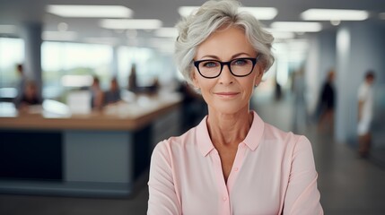 Fototapeta A professional mid aged woman exudes confidence in a corporate business setting, exemplifying a strong female leadership role while challenging ageism in the workplace. obraz