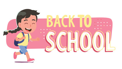 Happy schoolgirl kid running back to school. Smiling student girl child person cartoon character carrying backpack poster. Education learning, study, knowledge card flat vector illustration