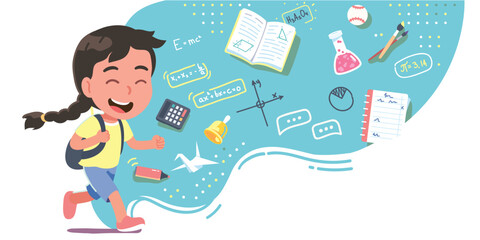 Schoolgirl kid running to school for education. Happy student girl child person character carrying backpack with book, paint brush supplies. Learning, study, knowledge concept flat vector illustration