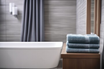 Obraz na płótnie Canvas Stack of clean towels on wooden countertop in bathroom, closeup