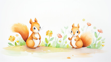 Squirrels, cartoon drawing, water color style.. AI Generated.