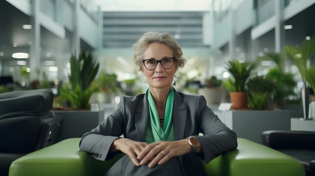 A confident middleaged woman with a successful career in a corporate business setting, challenging ageism in the workplace.