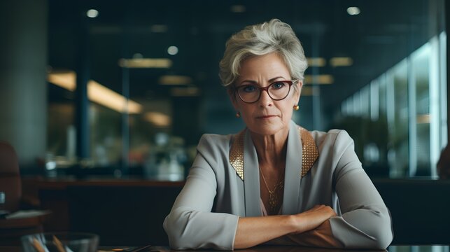 A confident middleaged woman with a successful career in a corporate business setting, challenging ageism in the workplace.