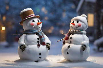 There are two snowmen standing next to each other in the snow