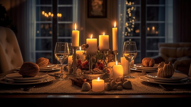 a romantic dinner place decorated with candles