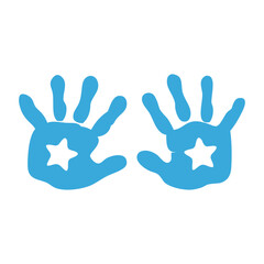 Anuncio de llegada de bebé niño. Palmas de niño. Silueta de huella de mano color azul con estrella en espacio negativo para su uso en invitaciones y tarjetas