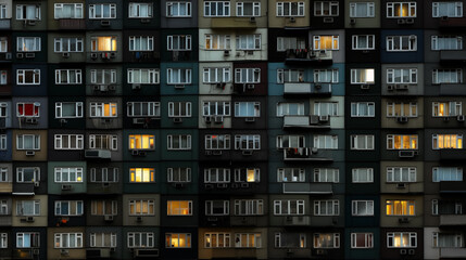 Viewed from the front, the windows of a small apartment in the evening let in light.