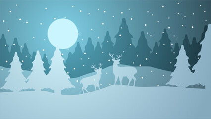 Winter season silhouette landscape vector illustration. Scenery of reindeer silhouette in the snow hill. Cold season panorama for illustration, background or wallpaper © Moleng24