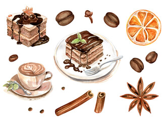 Chocolate cakes, orange slice, cinnamon, cup of coffee, anise seeds, coffee beans - set. Transparent background. PNG.