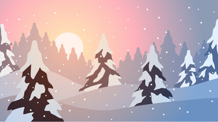 Obraz na płótnie Canvas Snowy forest landscape vector illustration. Scenery of snow covered pine forest in winter season. Winter forest panorama for illustration, background or wallpaper