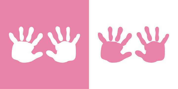 Anuncio de llegada de bebé niña. Palmas de niña. Silueta de huella de mano color rosa para su uso en invitaciones y tarjetas