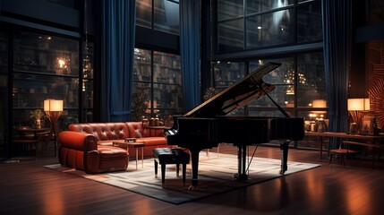 a music studio with a grand piano, recording equipment, and an inspiring atmosphere.
