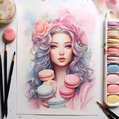 Poster Illustration of a woman with macarons in watercolor style. © princess