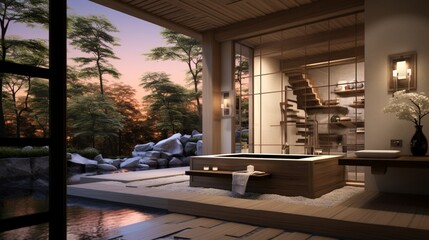 a spa bathroom with a Japanese soaking tub and zen garden views. - obrazy, fototapety, plakaty