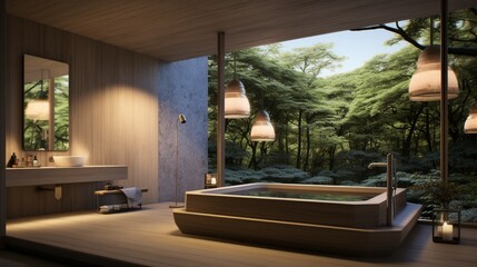 a spa bathroom with a Japanese soaking tub and zen garden views.