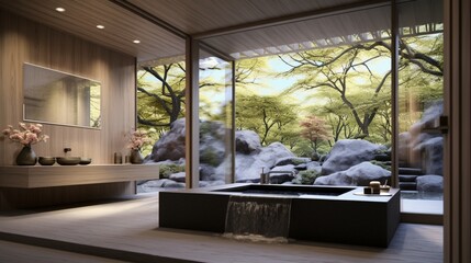 a spa bathroom with a Japanese soaking tub and zen garden views.