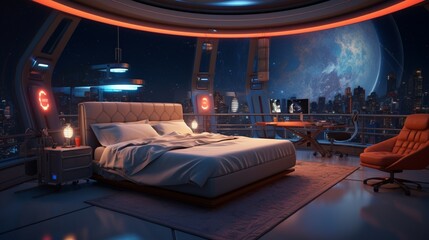 a space-themed bedroom with cosmic wallpaper and futuristic furnishings.