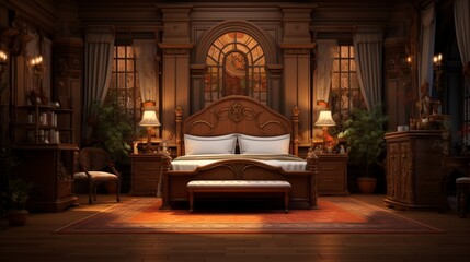 Fototapeta na wymiar a stylized 3D rendering of a traditional bedroom with ornate wooden furniture and warm lighting.