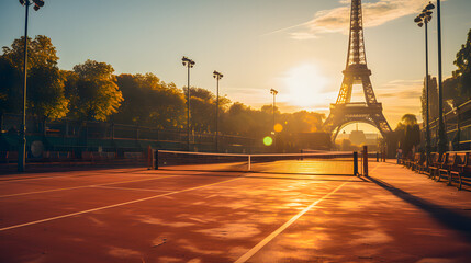 Tennis court nearby with a view of the tower in Paris. Olympic Games 2024 in Paris - obrazy, fototapety, plakaty