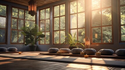 a yoga and meditation room with serene decor and plenty of natural light.