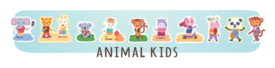 Kids animals cartoon characters summer activities stickers set. Funny children walking, listening to music, talking on mobile phone, riding scooter. Youth lifestyle concept flat vector illustration