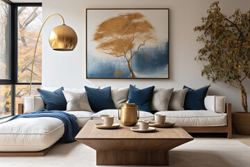 Scandinavian Serenity Navy Blue Ottoman and White Sofa in Modern Living Room. created with Generative AI