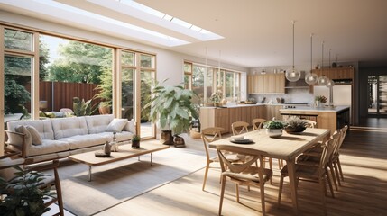 an open-concept living and dining room with a focus on natural light and spaciousness.