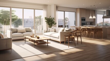 an open-concept living and dining room with a focus on natural light and spaciousness.