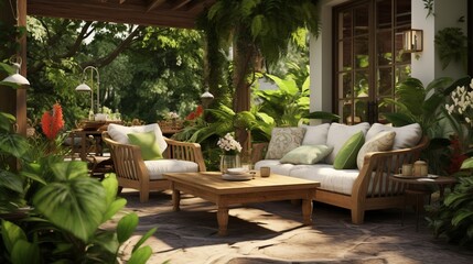 an outdoor patio with comfortable seating and lush greenery, ideal for relaxation.