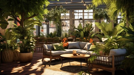 an outdoor patio with comfortable seating and lush greenery, ideal for relaxation.