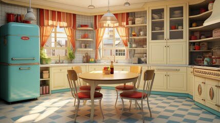 Produce a 3D rendering of a vintage-inspired kitchen with checkered floors and retro appliances.