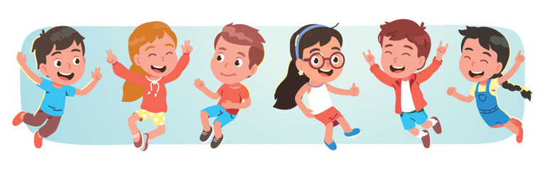 Happy girls, boys kids showing gestures. Cheerful children persons characters jumping, raising hands having fun or celebrating winning happily. Childhood happiness flat vector illustration set