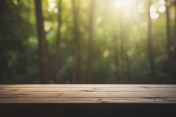 Naklejka na ściany i meble a dark wooden table top with a blurred green tropical forest background and warm light flare.