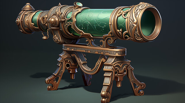 An antique, ornate telescope with intricate detailing. Digital concept, illustration painting.