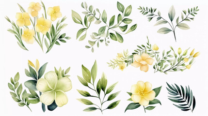 Watercolor floral tropical set. Frame, bouquets, border. Flower and green gold leaf branches bouquets collection, for wedding stationary, greetings, wallpapers, fashion, background