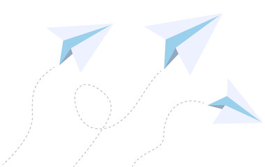 Paper aeroplane lines, plane fly or airplane on line, vector travel and air flight icons. White paper airplane flying on white background.