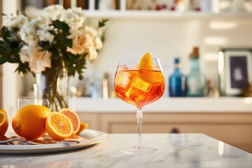 a glass of alcoholic cocktail with orange on a white table