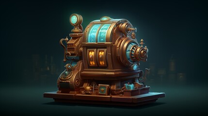 A well-preserved, vintage slot machine with spinning reels. Digital concept, illustration painting.
