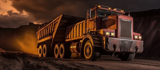 mining truck carrying coal, Dump truck carrying coal, sand and rock. Trucks moving on dirt country road in forest. Mining truck mining machinery to transport coal from open pit.