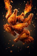 crispy BBQ chicken wings in the air on black background